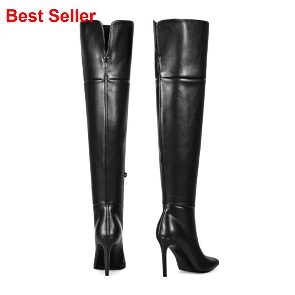 Stiletto Heel Thigh High Boots, PU Leather, Zipper Up, Party Wear - Picture 5 of 7